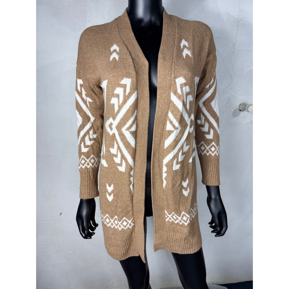 Ruby Moon Women Tan White Geometric Pattern Long Open Front Cardigan Sweater XS - Picture 3 of 9
